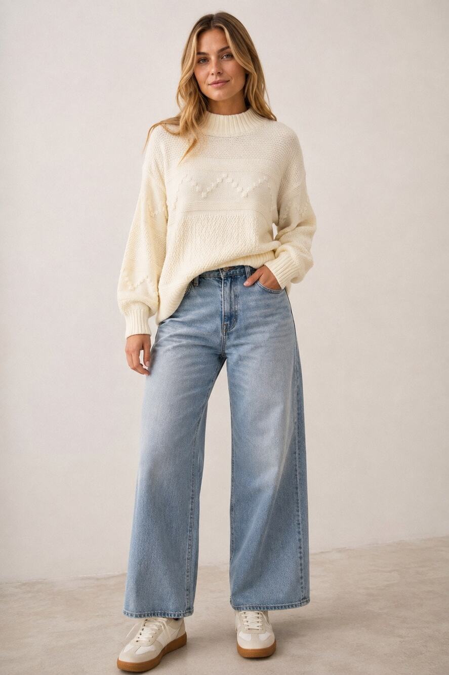 NWT Pink Clover Stitch Fix Ivory Textured Knit Mock Neck Sweater Size Large